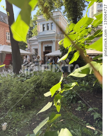Leafy view through branches in a garden with people and buildings in the background Leafy view through branches in a garden with people and buildings in the background 139064717