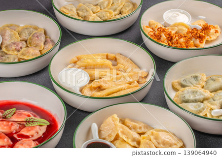 vareniki dumplings assortment different types with sauces top view food set vareniki dumplings assortment different types with sauces top view food set 139064940