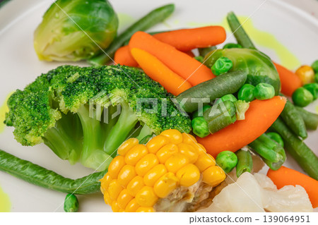 Vegetables mixed boiled broccoli carrot beans macro food Vegetables mixed boiled broccoli carrot beans macro food 139064951