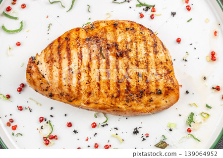 chicken breast grilled meat fillet top view plate food chicken breast grilled meat fillet top view plate food 139064952