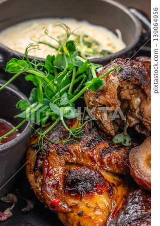 chicken grilled meat juicy roasted with sauce macro food 139064956