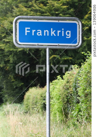 Road sign for a place in Denmark called Frankrig, which means France in Danish language Road sign for a place in Denmark called Frankrig, which means France in Danish language 139064986