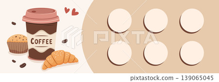 Discount card. Coffee cup with pastry on beige background for design. Discount card. Coffee cup with pastry on beige background for design. 139065045