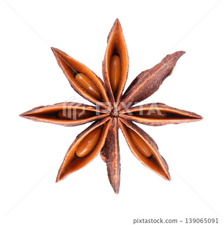 Star anise isolated on white background. Anise stars or badian spice. Clipping path. Top view. Star anise isolated on white background. Anise stars or badian spice. Clipping path. Top view. 139065091