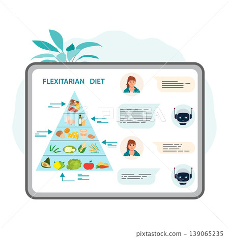 Flexitarian diet pyramid with human and robot chatbot conversation on nutrition Flexitarian diet pyramid with human and robot chatbot conversation on nutrition 139065235