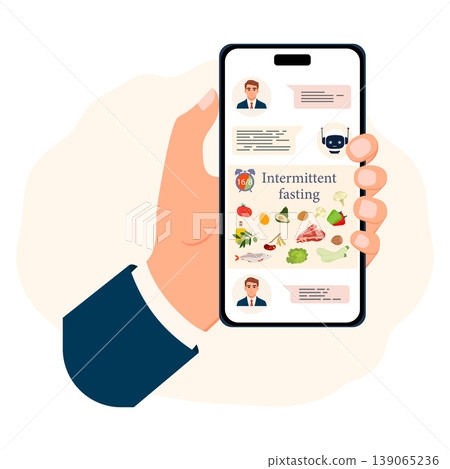 Intermittent fasting app on smartphone with icons of food and messages, digital lifestyle concept Intermittent fasting app on smartphone with icons of food and messages, digital lifestyle concept 139065236