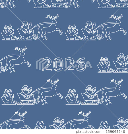 Seamless Christmas pattern with Santa Claus sleigh, reindeer, gifts, and 2026 text background Seamless Christmas pattern with Santa Claus sleigh, reindeer, gifts, and 2026 text background 139065248