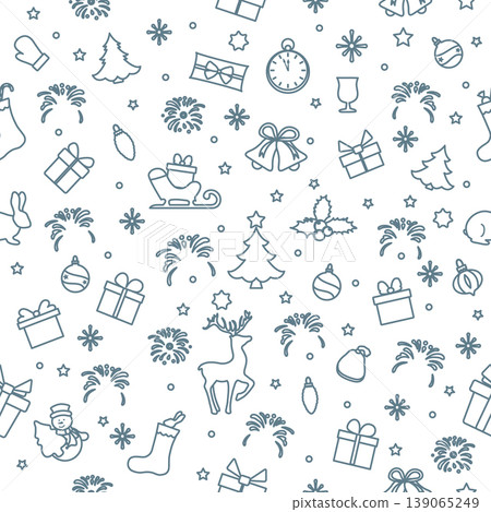 Christmas seamless pattern with holiday elements like gifts, trees, and reindeer, perfect background Christmas seamless pattern with holiday elements like gifts, trees, and reindeer, perfect background 139065249