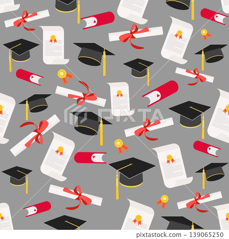 Graduation pattern with diplomas, books, and caps on a gray background Graduation pattern with diplomas, books, and caps on a gray background 139065250
