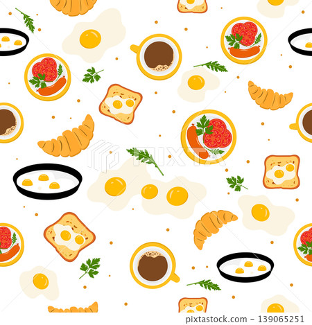 Breakfast food pattern with eggs, toast, coffee, croissants, and herbs on a white background Breakfast food pattern with eggs, toast, coffee, croissants, and herbs on a white background 139065251