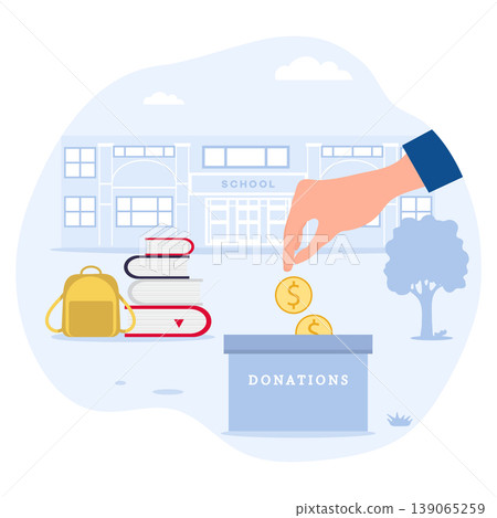 School fundraising concept with hand placing coins in donation box and school supplies. School fundraising concept with hand placing coins in donation box and school supplies. 139065259