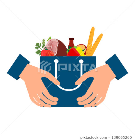 Grocery bag filled with assorted food items held by hands on a white background Grocery bag filled with assorted food items held by hands on a white background 139065260