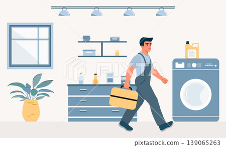 Man in laundry room carrying toolbox walking with focus on repair task and equipment around Man in laundry room carrying toolbox walking with focus on repair task and equipment around 139065263