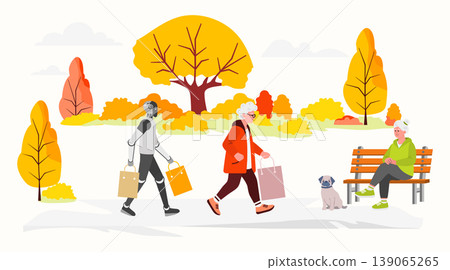 Elderly man and robot walking with shopping bags in colorful autumn park with woman and dog 139065265