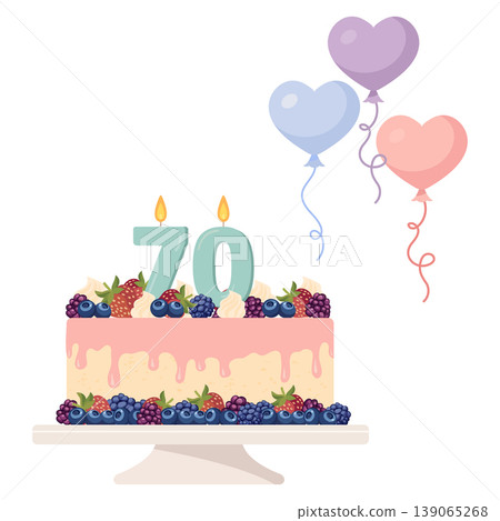 Seventieth birthday cake with fruit and balloons, ideal for celebratory backgrounds 139065268