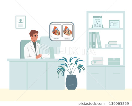 Doctor reviewing cardiology scans at desk in medical office, health concept, background Doctor reviewing cardiology scans at desk in medical office, health concept, background 139065269