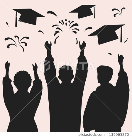Graduation celebration with silhouettes of students throwing caps and confetti in background 139065270