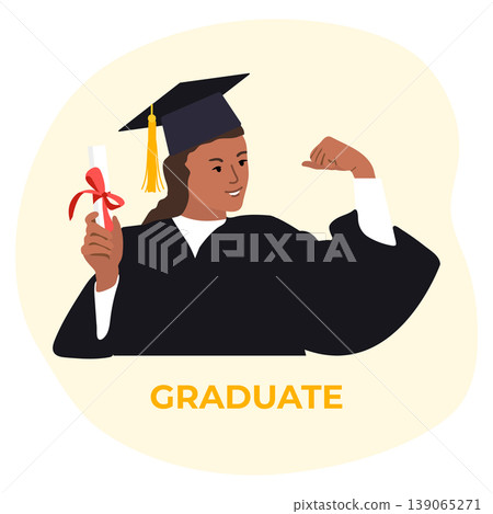 Graduate celebrating with diploma, wearing a cap and gown in a minimal background design 139065271