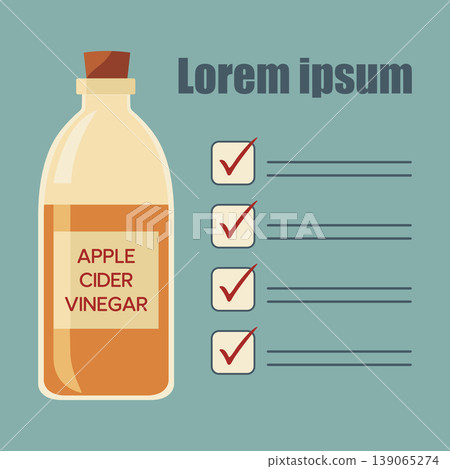 Apple cider vinegar bottle with checklist on blue background for health or household concept Apple cider vinegar bottle with checklist on blue background for health or household concept 139065274