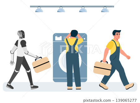 Robot and two workers with toolboxes, with washing machine in background, concept of automation 139065277