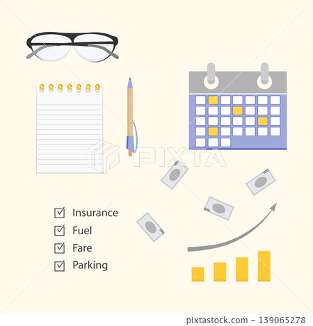 Financial planning concept illustration with notepad, pen, calendar, glasses, and charts background 139065278