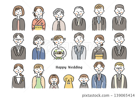 Wedding: Illustration set of the bride, groom, and wedding guests ① Wedding: Illustration set of the bride, groom, and wedding guests ① 139065414