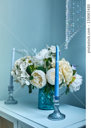 Blue and White Floral Decor with Candles Blue and White Floral Decor with Candles 139065480