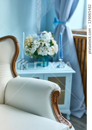 White Leather and Wood Sofa Detail White Leather and Wood Sofa Detail 139065482
