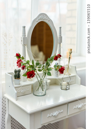 Vintage White Dressing Table with Mirror and Roses Vintage White Dressing Table with Mirror and Roses 139065510