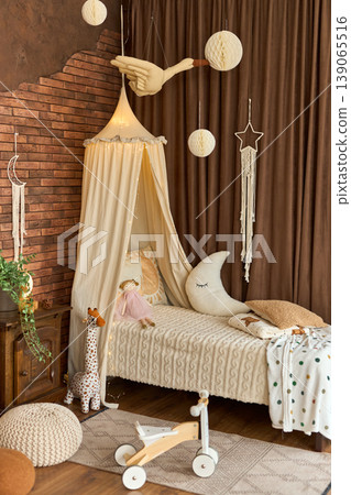 Cozy Childrens Bedroom with Canopy and Toys 139065516