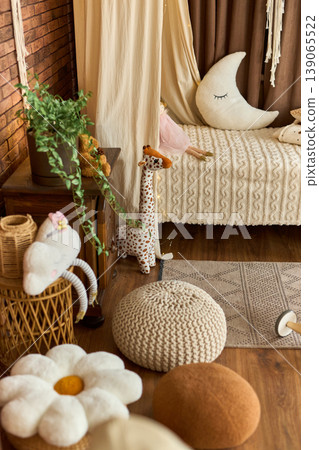 Cozy Kids Room Details with Poufs and Toys 139065522