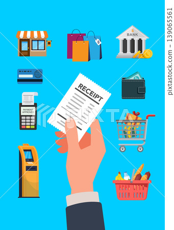 Financial Transaction and Shopping Flat Icons with Receipt and Hand 139065561