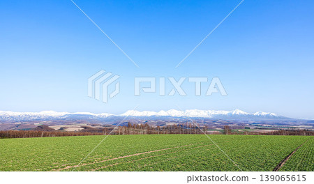 A spring landscape viewed from the hills of Biei, where mountains and a refreshing blue sky stretch out. 139065615
