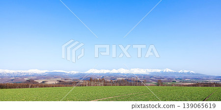 A spring landscape viewed from the hills of Biei, where mountains and a refreshing blue sky stretch out. 139065619