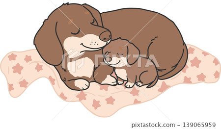 A mother dog cuddling her puppy on a soft blanket, symbolizing gentle love and nurturing care. A mother dog cuddling her puppy on a soft blanket, symbolizing gentle love and nurturing care. 139065959