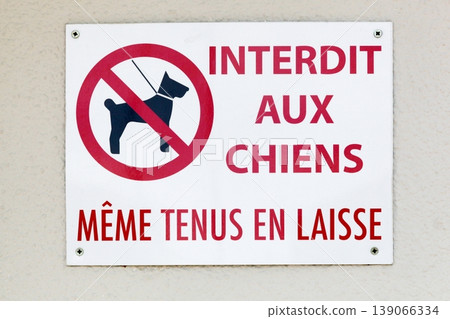 Dogs are prohibited even on a leash sign on a wall in French language Dogs are prohibited even on a leash sign on a wall in French language 139066334