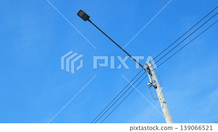 Modern LED Street Lamp on Concrete Utility Pole Against Clear Blue Sky Modern LED Street Lamp on Concrete Utility Pole Against Clear Blue Sky 139066521