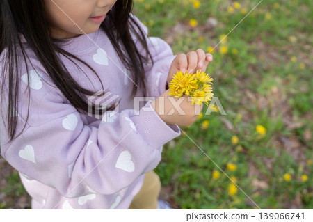 Girl picking dandelion flowers 139066741