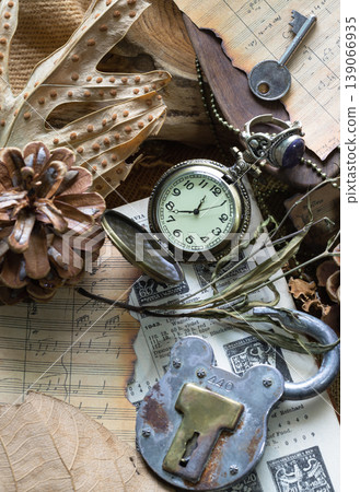 the scene possesses a profound quietude; the ticking clock has been silenced by the crumbling of oak leaves and scorched parchment. While the open pocket watch, rusted padlock, and skeleton key 139066935