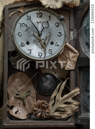 a "Memento Mori" where the mechanical and the organic share a common grave. By juxtaposing fragile, skeletal leaves and weather-worn pine cones against the cold, metallic face of the timepiece, 139066938