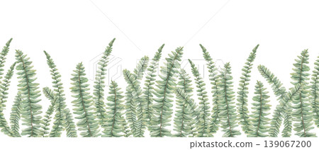 Fern leaf seamless border on isolated background. Watercolor illustration of green foliage for decorative card design. Botanical horizontal pattern for seasonal wedding or greeting stationary. Fern leaf seamless border on isolated background. Watercolor illustration of green foliage for decorative card design. Botanical horizontal pattern for seasonal wedding or greeting stationary. 139067200