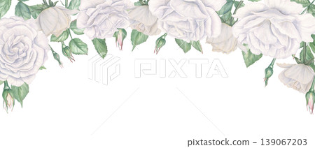 Watercolor white rose border with copy space for text. Hand drawn floral frame with flowers and green leaves on isolated background. Elegant template for wedding invitation, romantic decor. 139067203