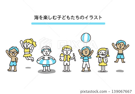 A set of illustrations of children enjoying the sea. A set of illustrations of children enjoying the sea. 139067667