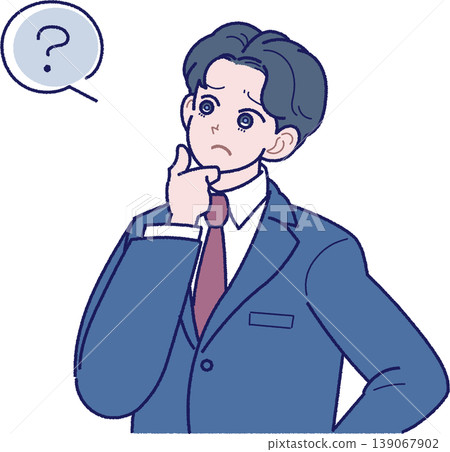 一幅插圖,描繪了一位身穿西裝的年輕男子,他一手托著下巴,一臉困惑。 一幅插圖,描繪了一位身穿西裝的年輕男子,他一手托著下巴,一臉困惑。 139067902