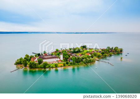 Frauenchiemsee Abbey aerial panoramic view, Bavaria 139068020