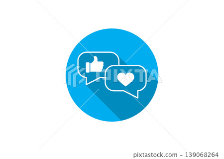 Social Media Engagement Icon With Like Thumb And Heart Chat Bubbles In Flat Blue Circle 139068264