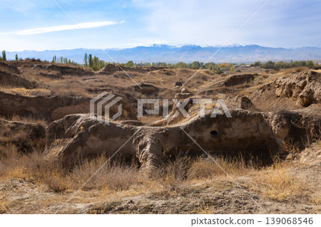 Ancient Penjikent ruins aerial panoramic view, Tajikistan Ancient Penjikent ruins aerial panoramic view, Tajikistan 139068546