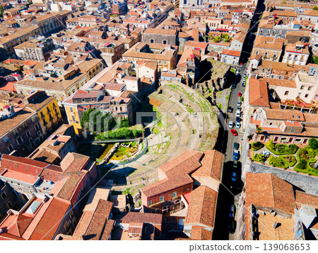 Roman Theatre of Catania aerial panoramic view, Sicily Roman Theatre of Catania aerial panoramic view, Sicily 139068653