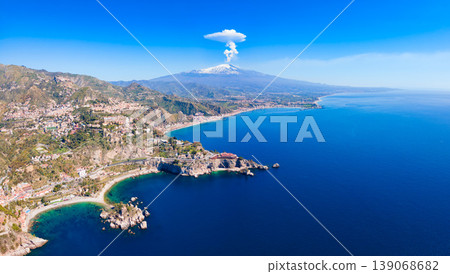 Taormina city, Etna volcano aerial panoramic view, Sicily 139068682