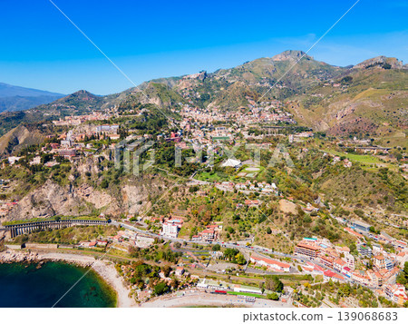 Taormina city, Etna volcano aerial panoramic view, Sicily Taormina city, Etna volcano aerial panoramic view, Sicily 139068683